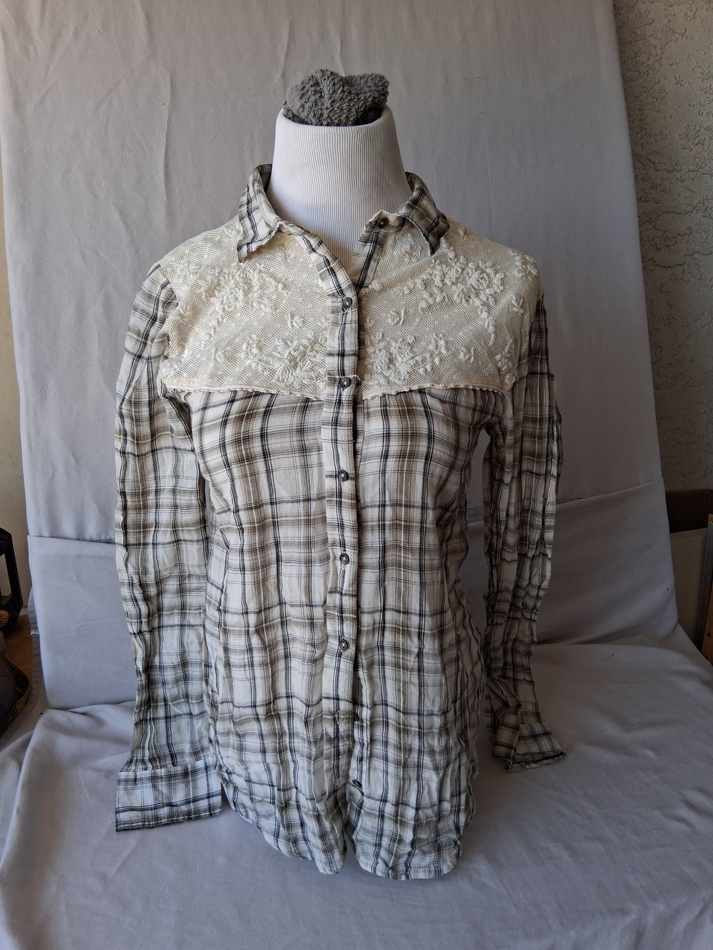 Free People Cream and Gray Plaid Lace Yoke Button-Down Top